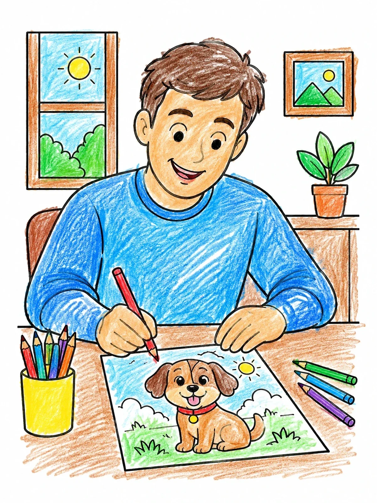 Colored example of the Boy Drawing Cute Puppy At Desk coloring page