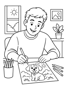 Free printable Boy Drawing Cute Puppy At Desk coloring page
