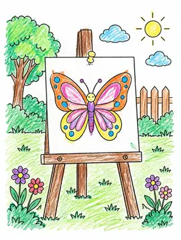 Easel Example Butterfly Drawing On Garden Easel – Line Art Coloring Page