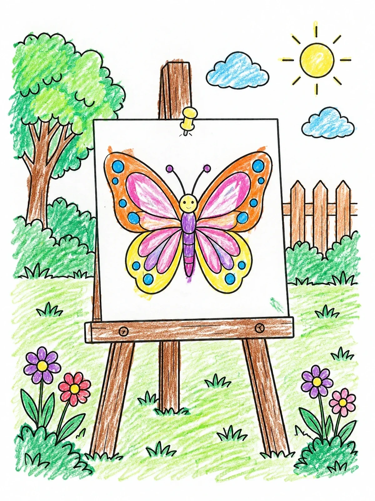 Colored example of the Butterfly Drawing On Garden Easel coloring page