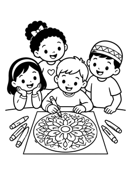 Free printable Children Drawing A Mandala Together coloring page
