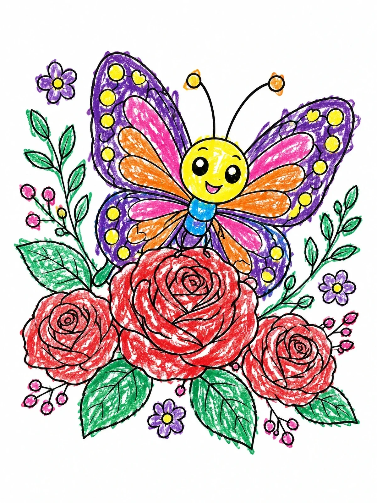 Colored example of the Cute Butterfly On Blooming Roses coloring page