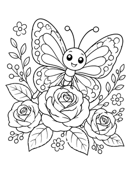 Free printable Cute Butterfly On Blooming Roses coloring page
