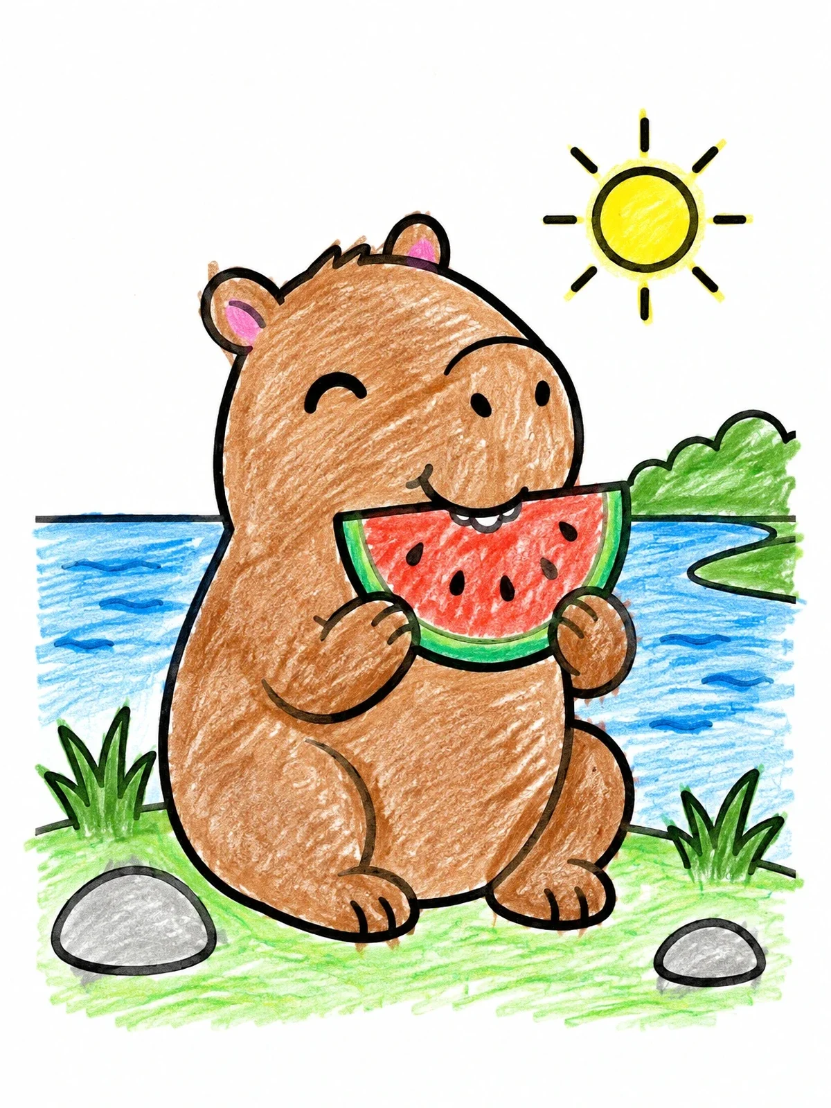 Colored example of the Cute Capybara Eating Watermelon Outdoors coloring page