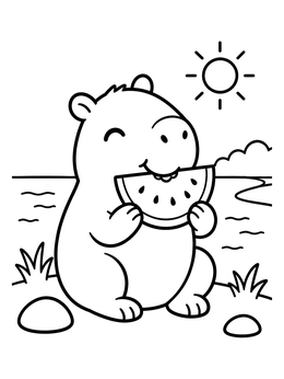 Free printable Cute Capybara Eating Watermelon Outdoors coloring page