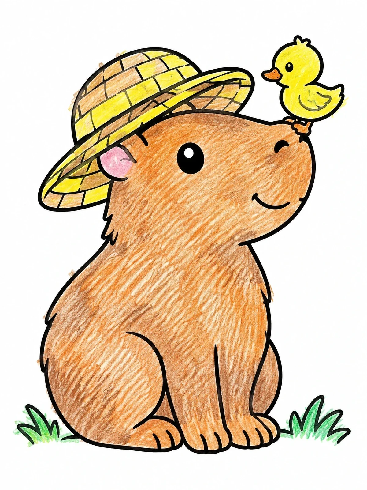 Colored example of the Cute Capybara With Sun Hat And Duckling coloring page