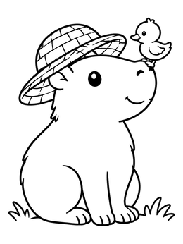 Free printable Cute Capybara With Sun Hat And Duckling coloring page