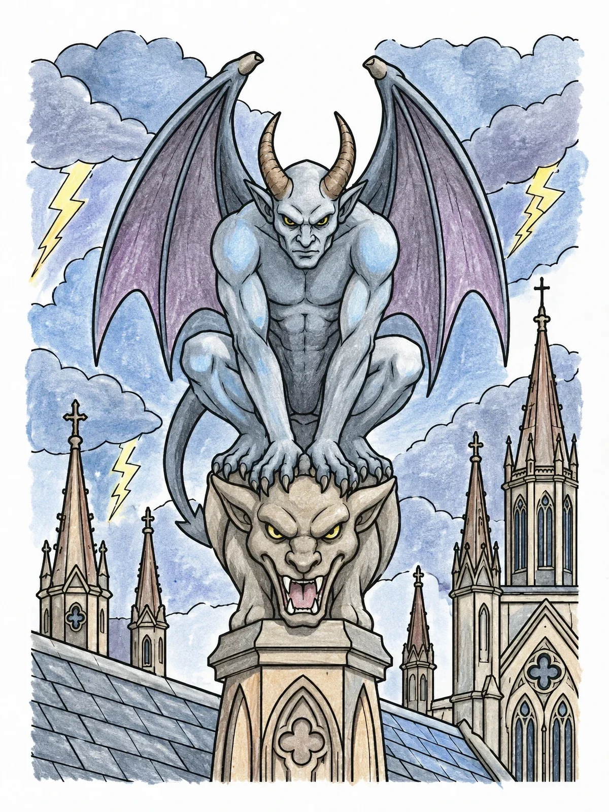 Colored example of the Winged Gargoyle Over Gothic Cathedral coloring page
