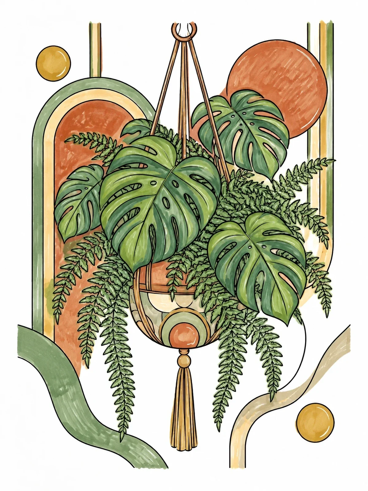 Colored example of the Hanging Basket With Monstera And Ferns coloring page