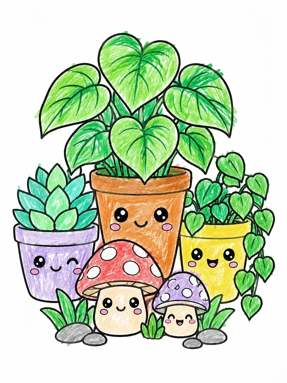 Colored example of the Kawaii Potted Plants And Mushrooms coloring page