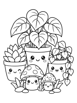 Free printable Kawaii Potted Plants And Mushrooms coloring page