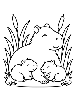 Free printable Mother Capybara With Cute Pups coloring page
