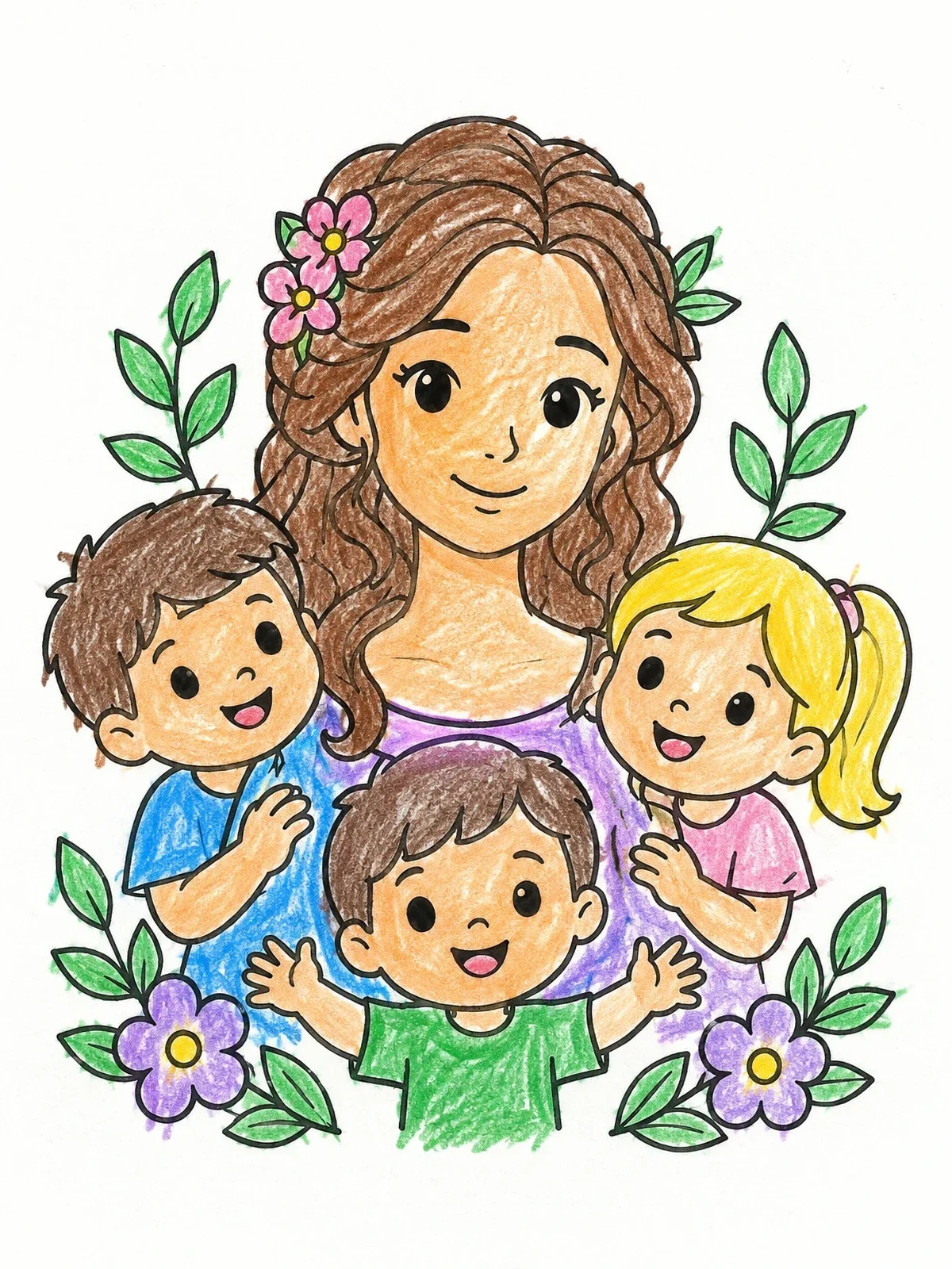 Colored example of the Happy Mother With Three Cheerful Children coloring page