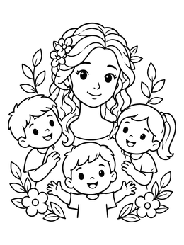 Free printable Happy Mother With Three Cheerful Children coloring page