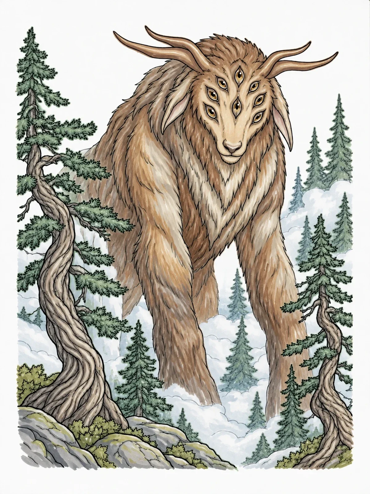 Colored example of the Multi Eyed Beast In Pine Forest coloring page