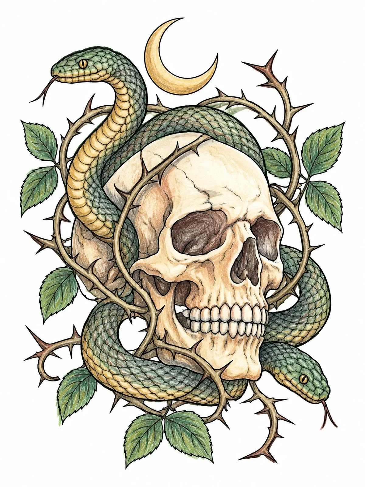 Colored example of the Skull With Snakes And Thorns coloring page
