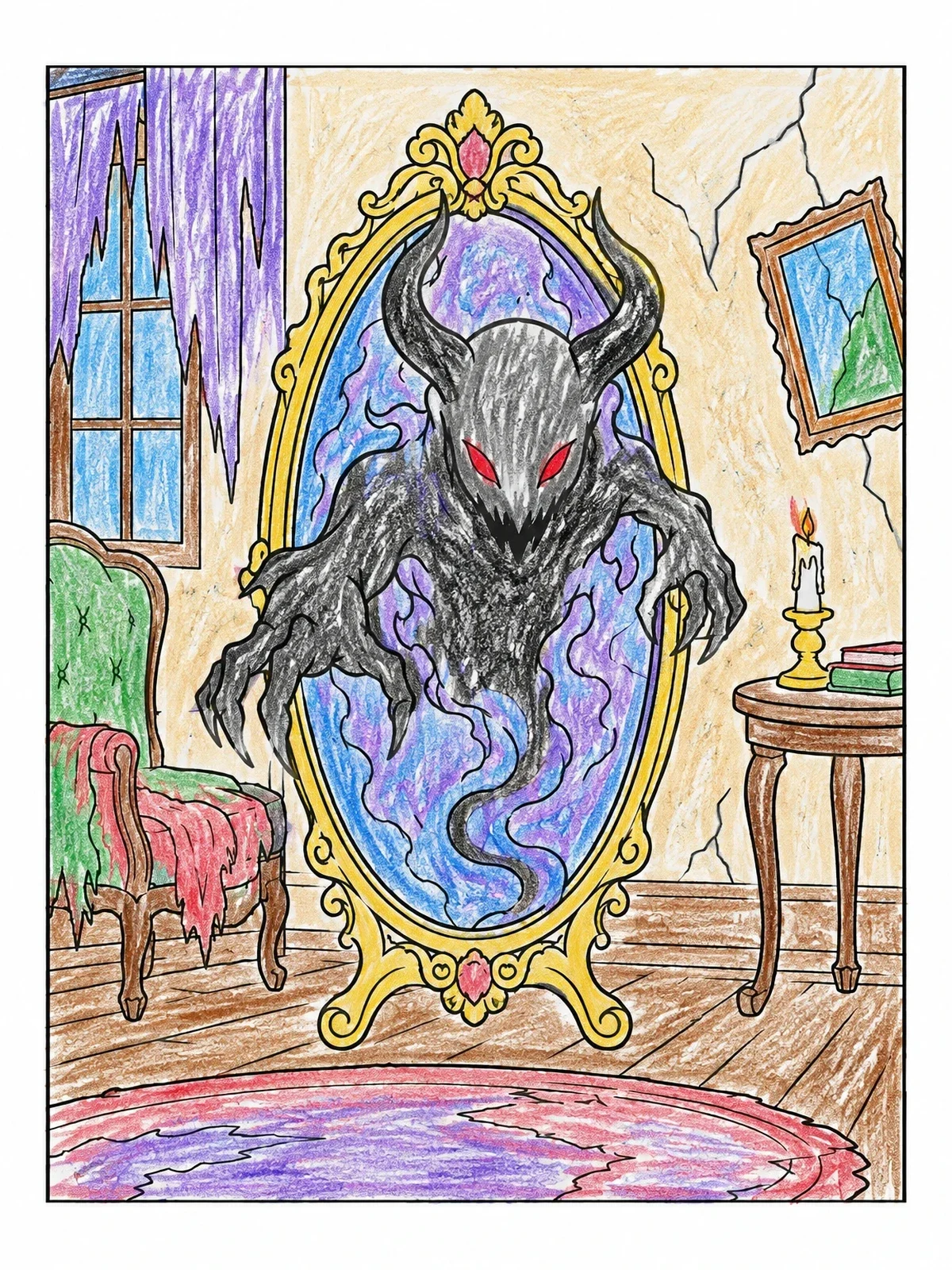 Colored example of the Shadow Creature In Antique Mirror coloring page