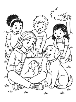 Free printable Drawing A Dog Outdoors With Friends coloring page