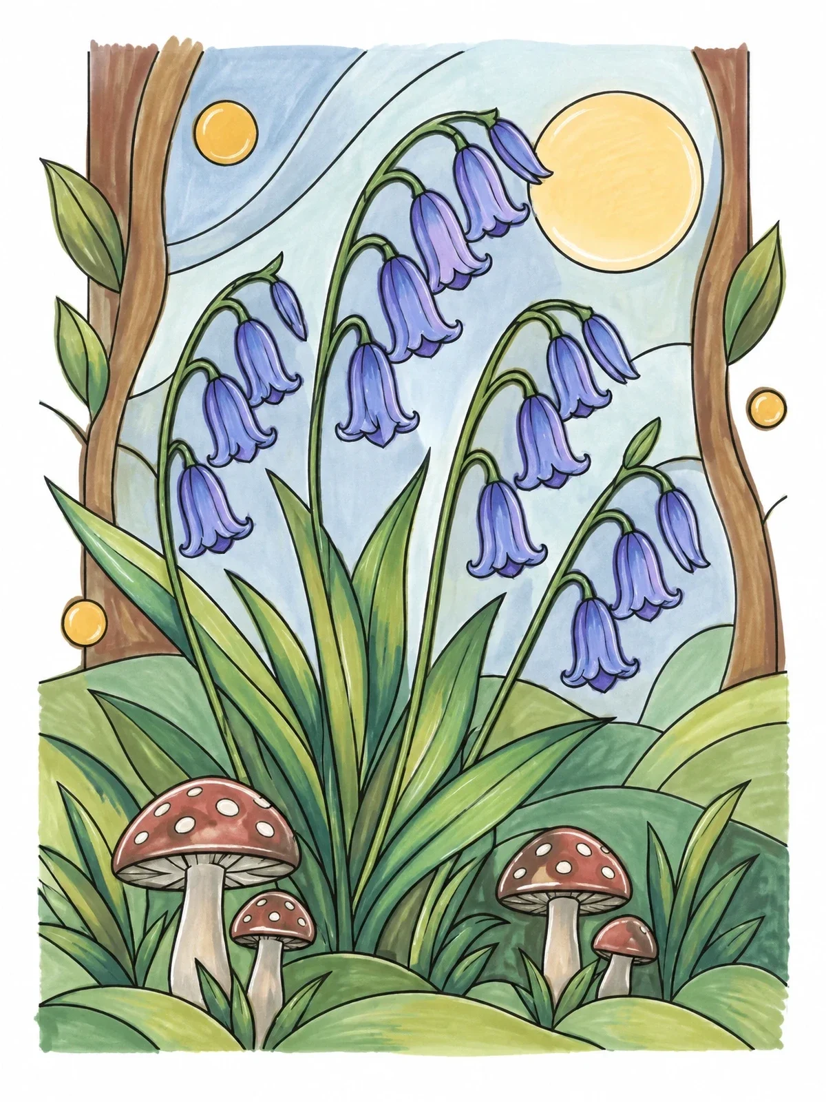 Colored example of the Wild Bluebells And Woodland Mushrooms coloring page