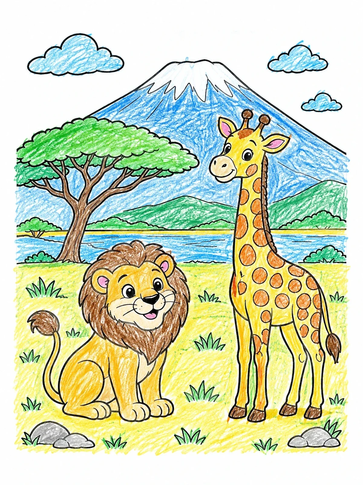 Colored example of the Lion And Giraffe In Kenya coloring page