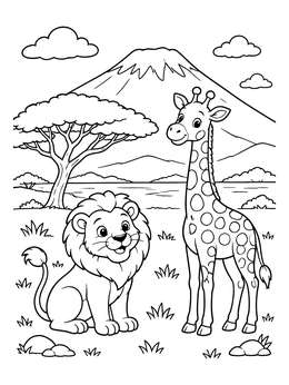 Free printable Lion And Giraffe In Kenya coloring page