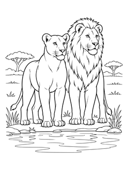 A lion and lioness coloring page featuring the pair standing together near a watering hole in the savanna.