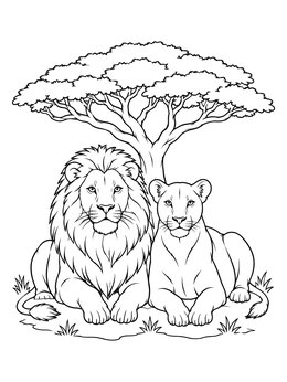 A lion coloring page showing a male lion and a lioness resting together under an acacia tree.