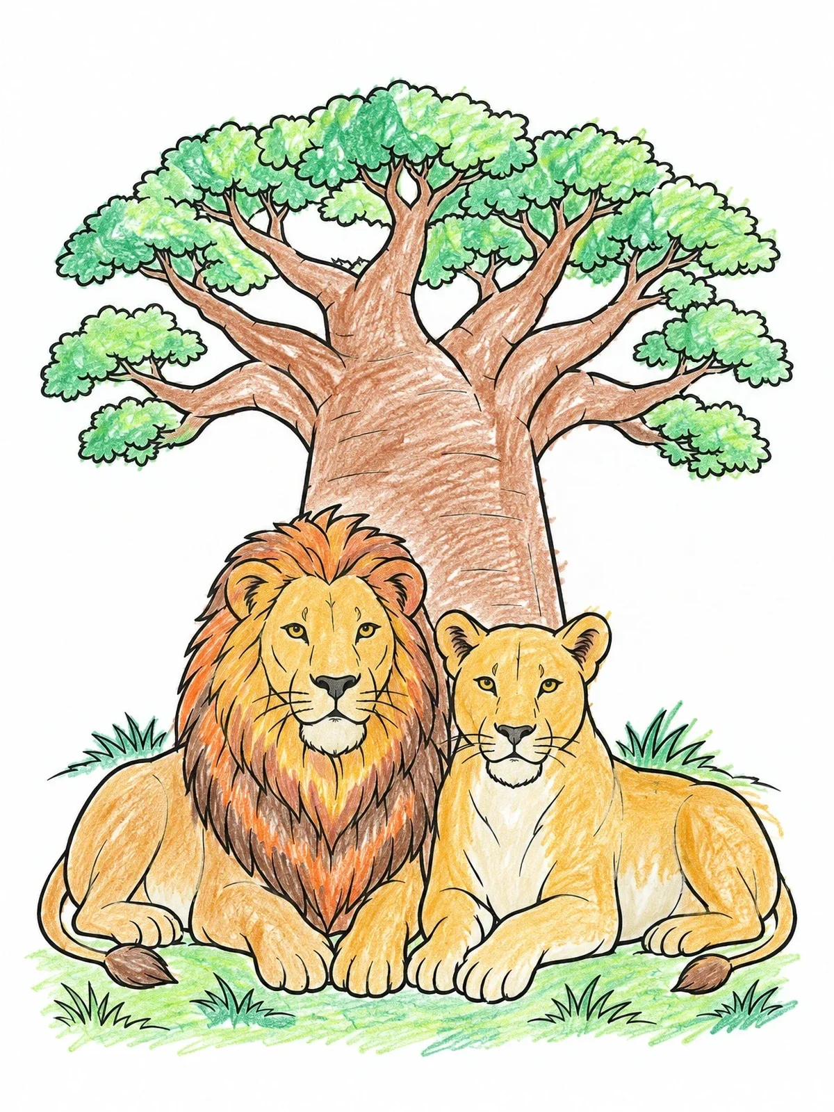 Colored example of the Lion And Lioness Under Baobab coloring page