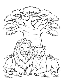 A lion and lioness coloring page featuring the pair resting under a large baobab tree.