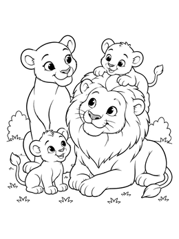 A happy lion family resting together in this charming lion coloring page.