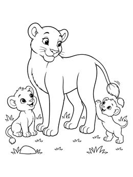 A mother lioness watching her playful cubs on this lion coloring page.