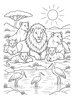 A lion pride rests near birds in the water on this detailed lion coloring page.