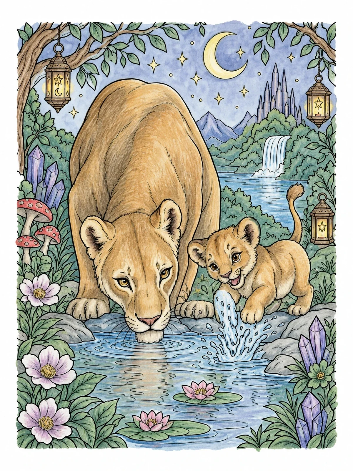 Colored example of the Lioness And Cub By The Riverbank coloring page