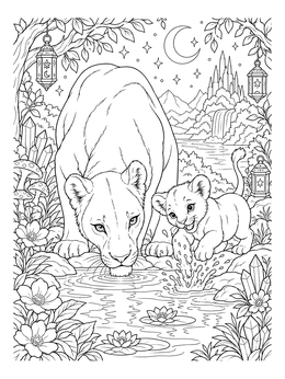 A peaceful lioness coloring page featuring a mother drinking beside her playful cub at night.