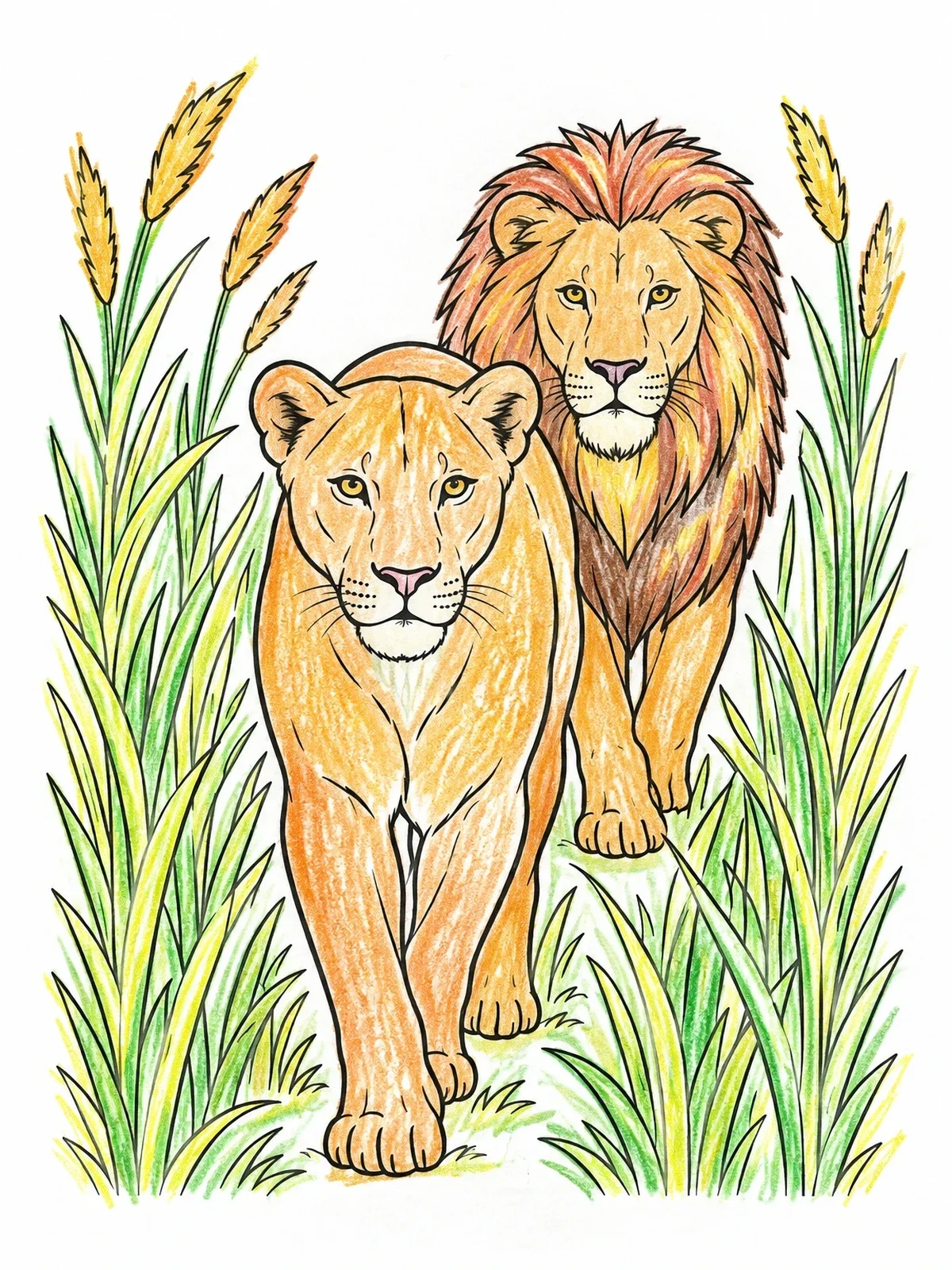 Colored example of the Lioness And Lion In Tall Grass coloring page