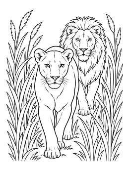 A lioness coloring page showing her walking forward with a male lion behind her in tall grass.
