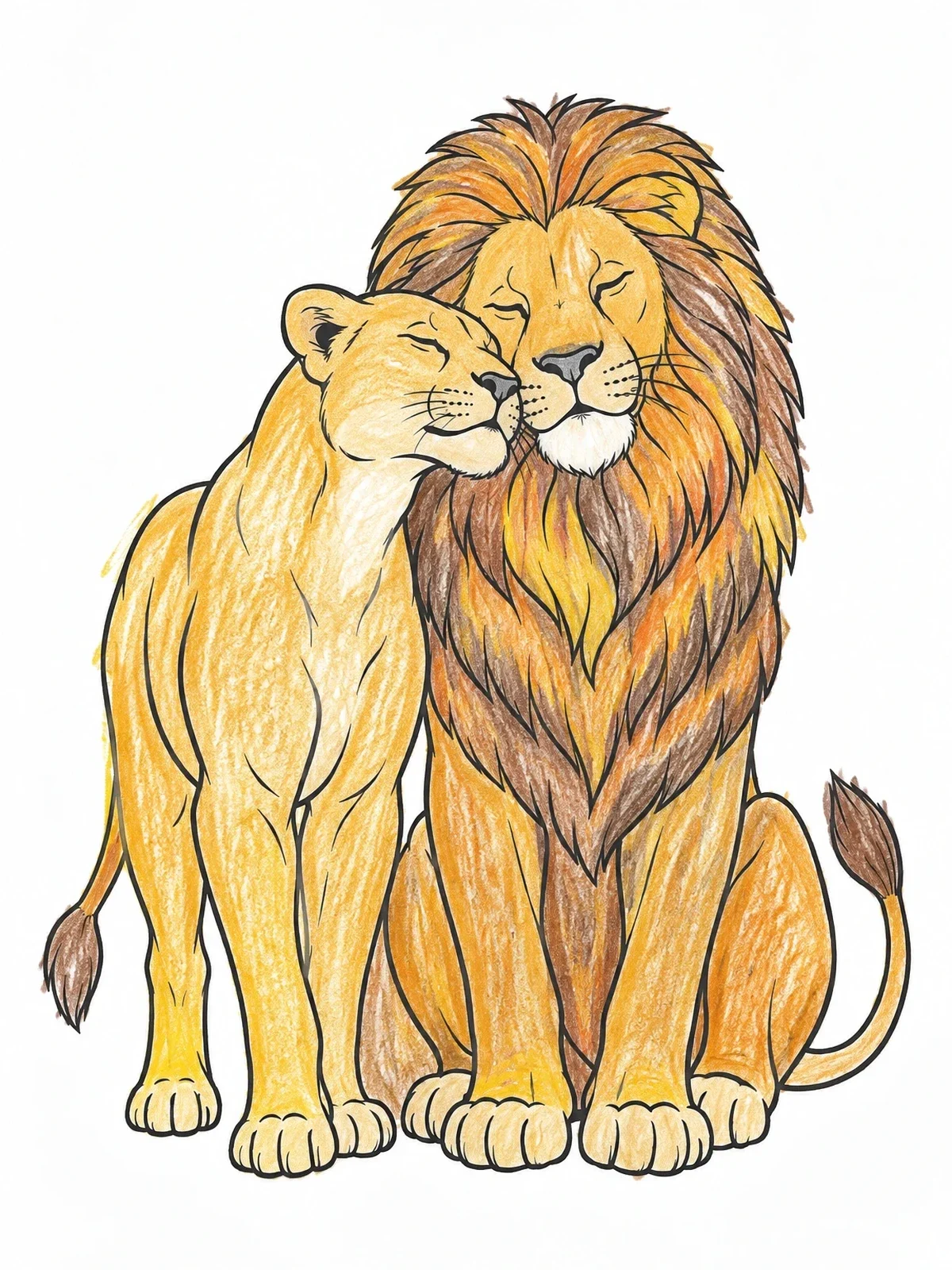 Colored example of the Lioness And Lion Nuzzling Together coloring page