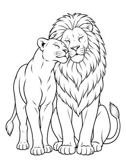 A gentle lioness coloring page showing a female lion affectionately nuzzling a male lion.