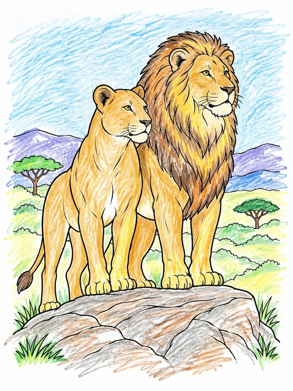 Colored example of the Lioness And Male Lion On Rock coloring page