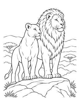 A lioness and male lion standing on a rock overlook the savanna in this lioness coloring page.