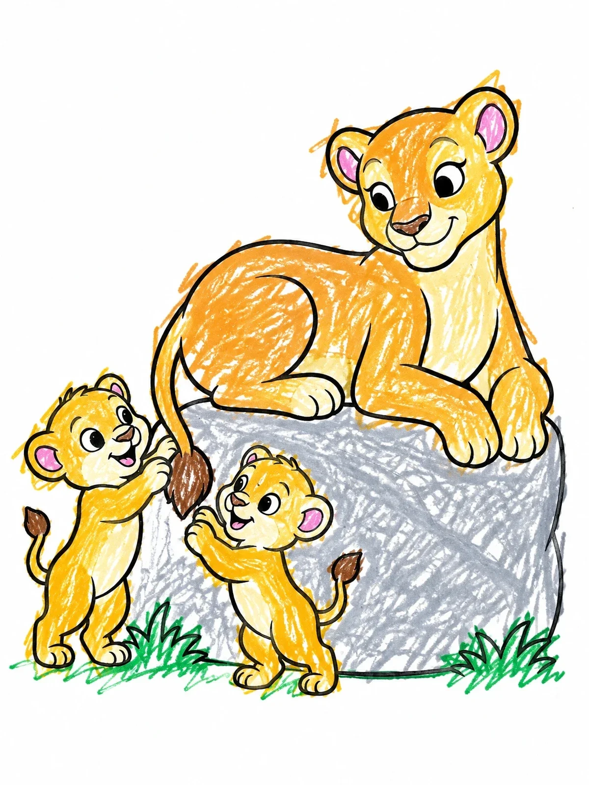 Colored example of the Playful Lion Cubs With Mother Lioness coloring page