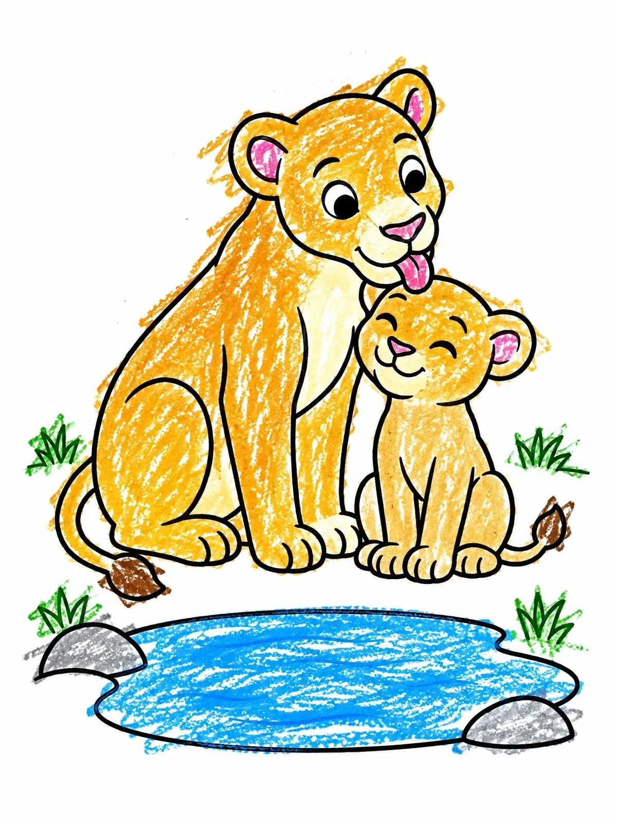 Colored example of the Lioness Grooming Her Playful Cub coloring page