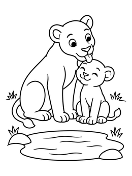 A sweet lioness coloring page featuring a mother grooming her cub by a waterhole.