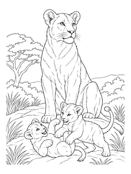 A lioness coloring page featuring a mother sitting alertly while her two cubs play together.