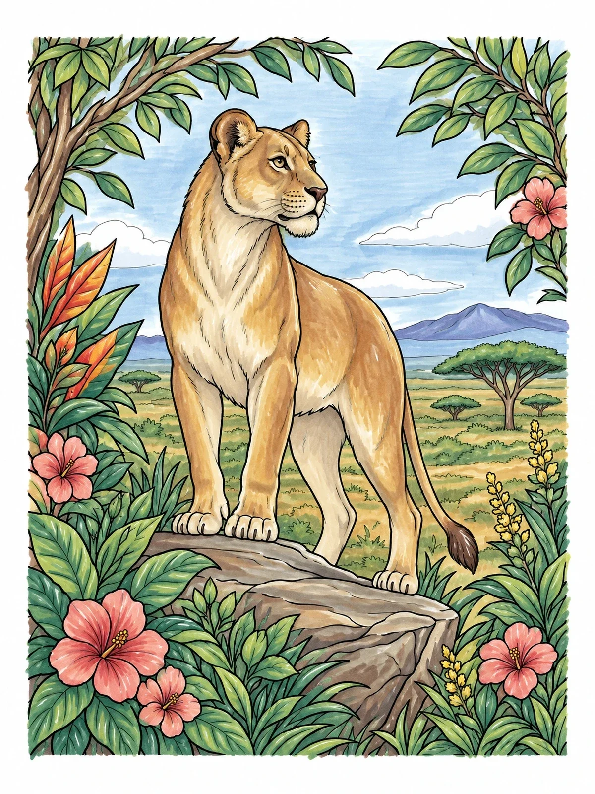 Colored example of the Lioness On A Scenic Savannah Ledge coloring page