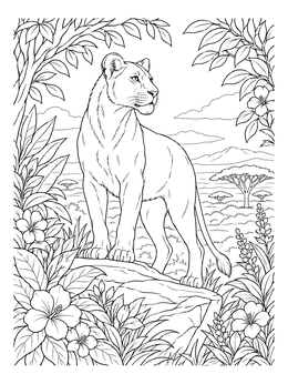 A lioness coloring page featuring a proud wildcat perched on a rocky cliff overlooking the African plains.