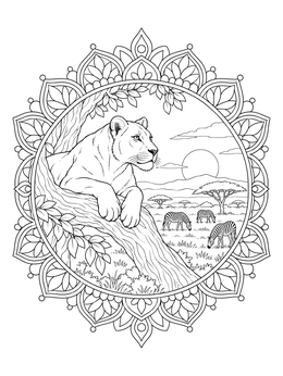 Detailed lion coloring page featuring a lioness in a tree observing zebras within a mandala frame.