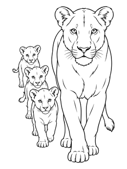 A proud lioness coloring page featuring her three cubs walking in a neat line.