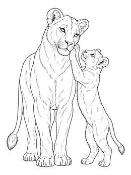 A sweet lioness coloring page featuring a cub reaching up to touch its mother's cheek.