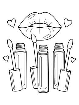 A stylish lips coloring page showing three lip gloss tubes, applicators, and tiny floating hearts.